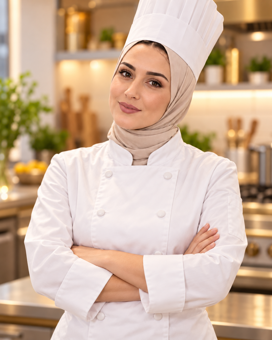 Portrait de Hanine en cheffe cuisinière dans une cuisine lumineuse